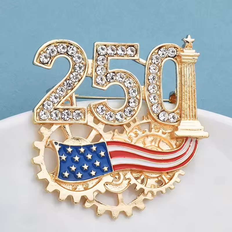 5.0*5.0cm USA Independence Enamel Rhinestone American 250-year Flag Brooch Pins