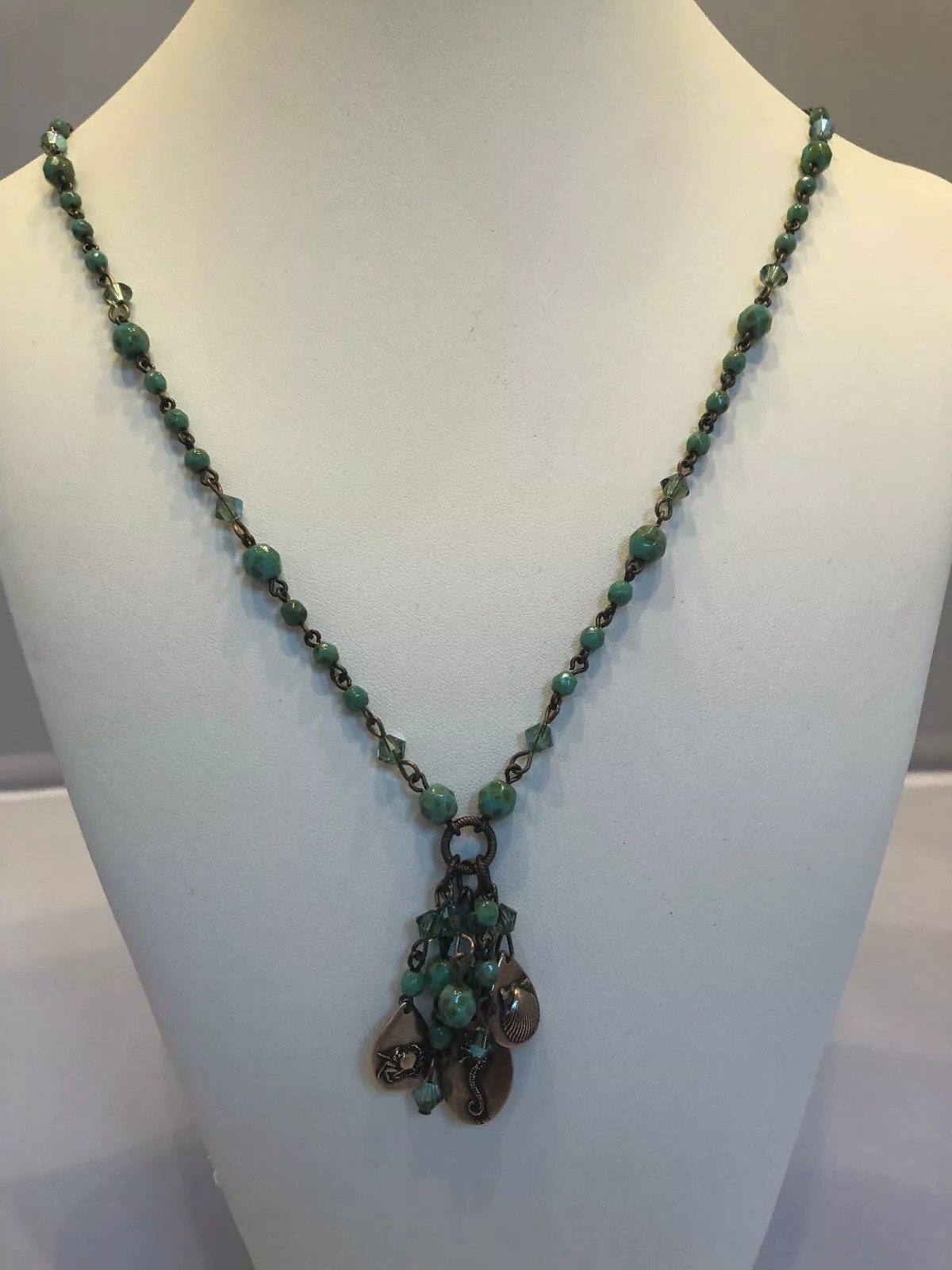 New Green and Antique Brass Beach Necklace 24″ with 1.75 inch Dangles
