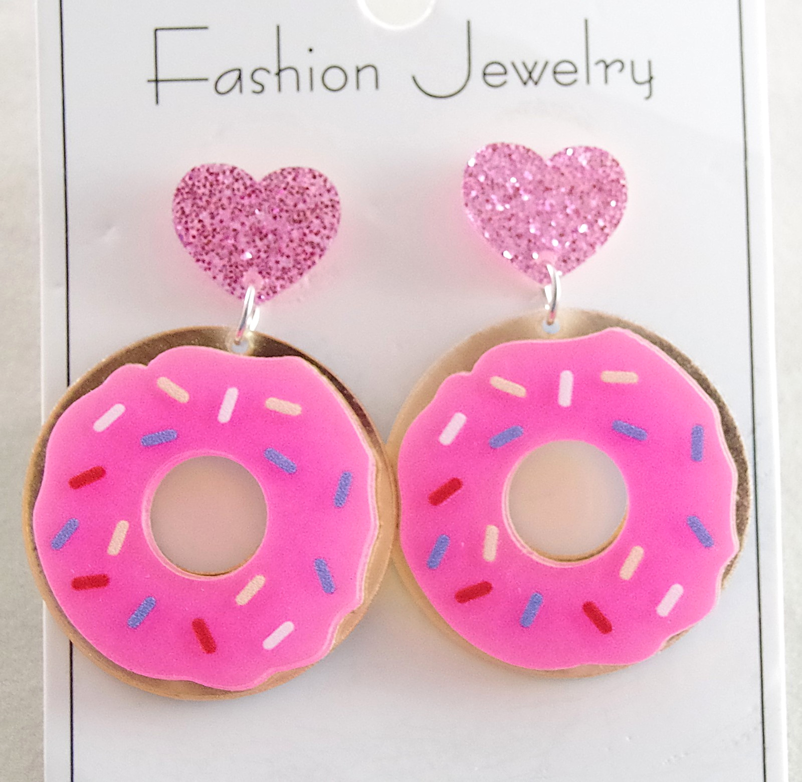 1 5/8″ NEW DONUTS w/ PINK ICING & SPRINKLES LAYERED ACRYLIC DROP DANGLE EARRINGS