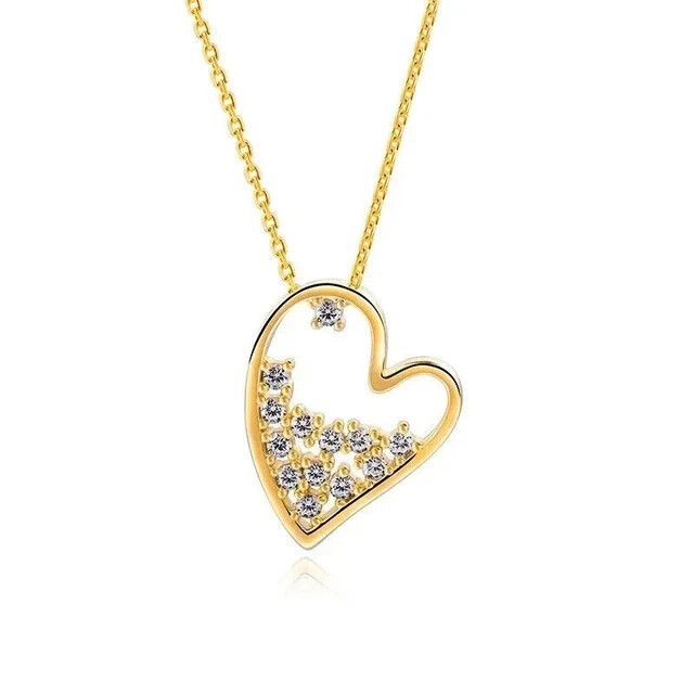 Pretty Heart Pendant Necklace Simulated Diamond 925 Silver Yellow Gold Finish
