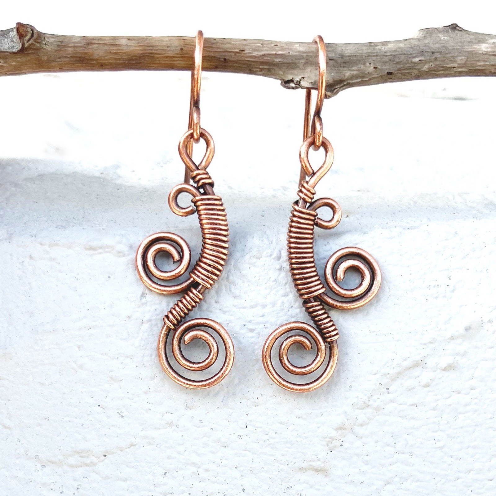 Copper Wire Wrapped Earrings Swirl Funky Spiral Bohemian Jewelry Handcrafted