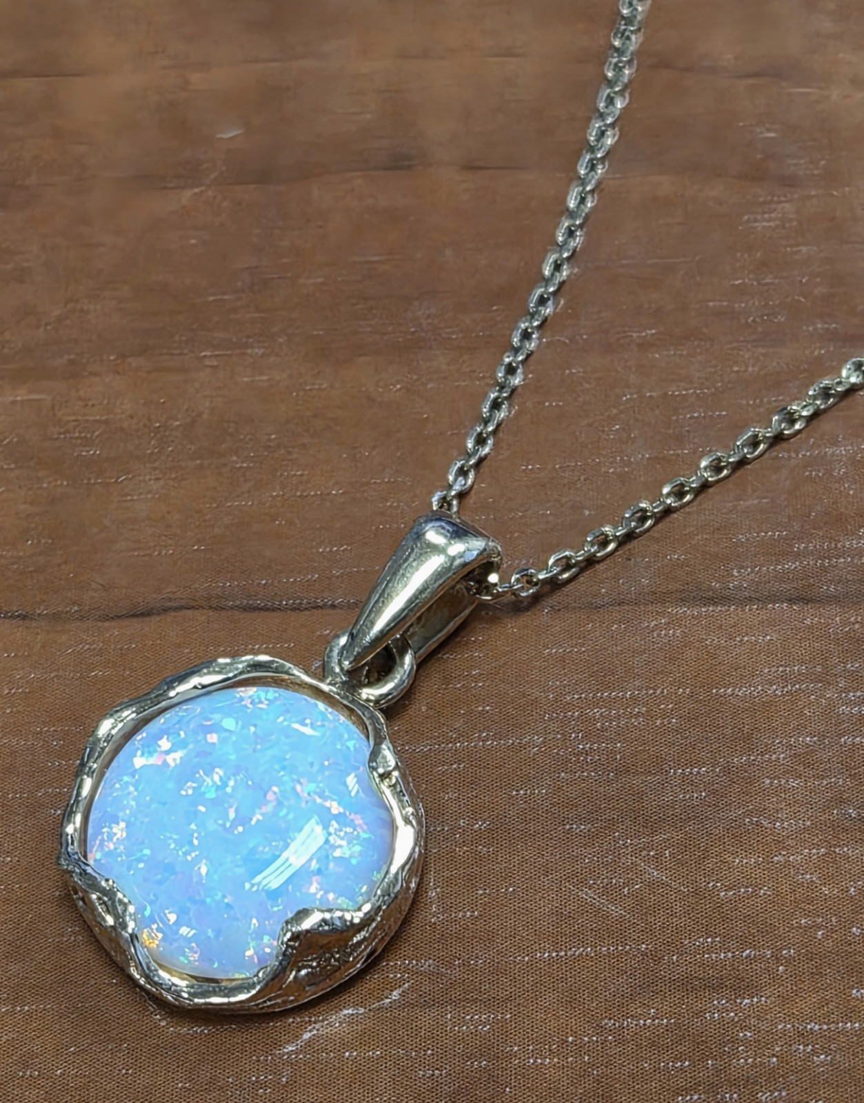 Estate 925 Sterling Silver Gold Vermeil & Faux Opal Pendant 18″ Chain Necklace