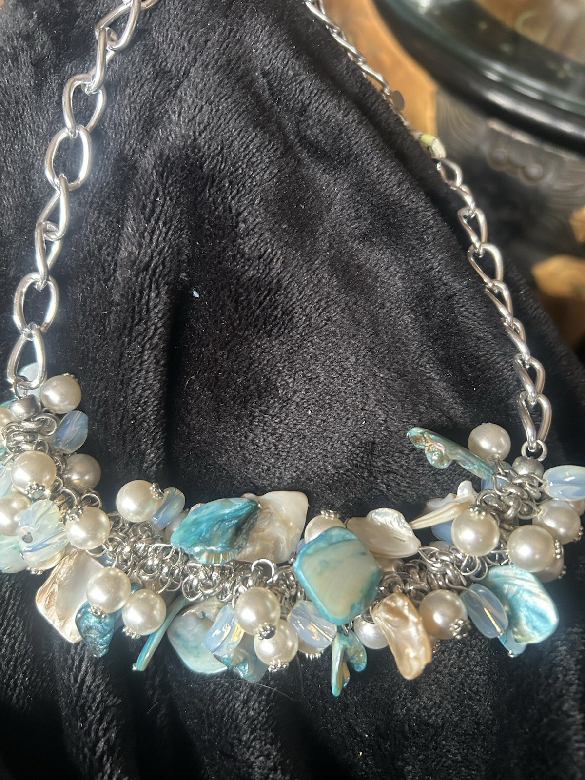 Chunky Pearl Abalone Shell Statement Necklace Ocean Blue Mermaid Summer Beach