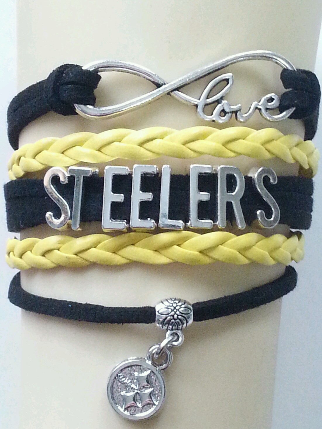 STEELERS BLACK/YELLOW LEATHER FOOTBALL BRACELET SILVER ADJUSTABLE-SPORTS-NFL-#81