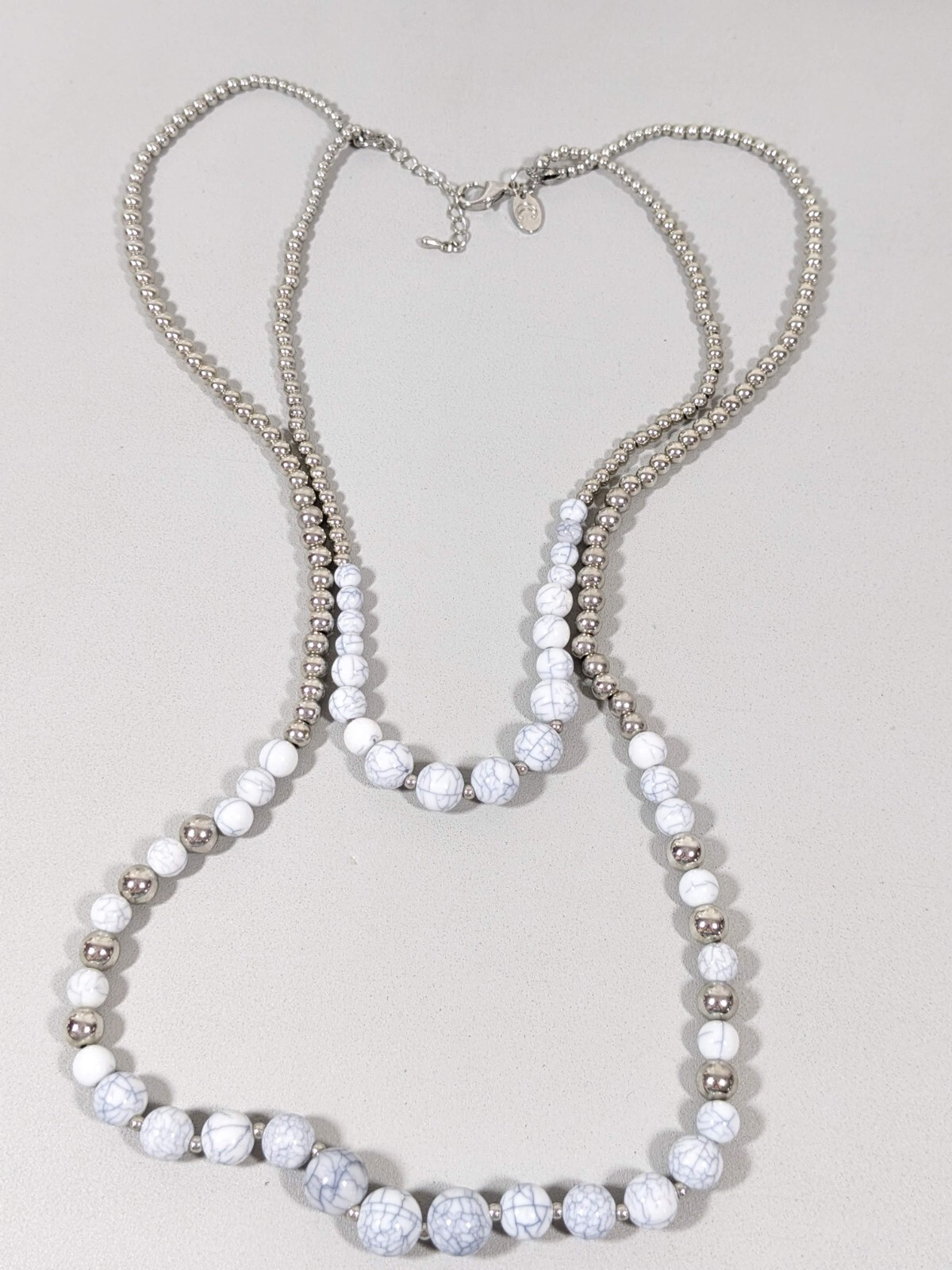 Charming Charlie Gray White Beaded Double Layered Statement Necklace 18.5 in
