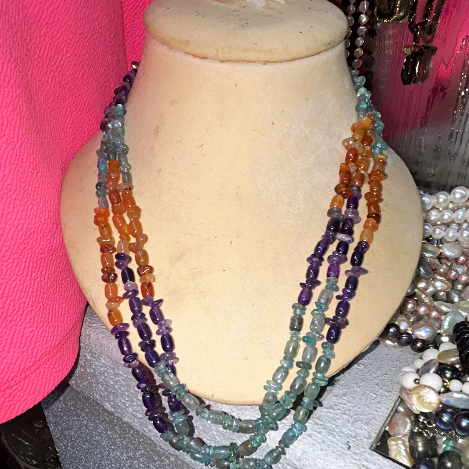 Layered Multicolor Gemstone Beaded Necklace Amethyst, amber, turquoise