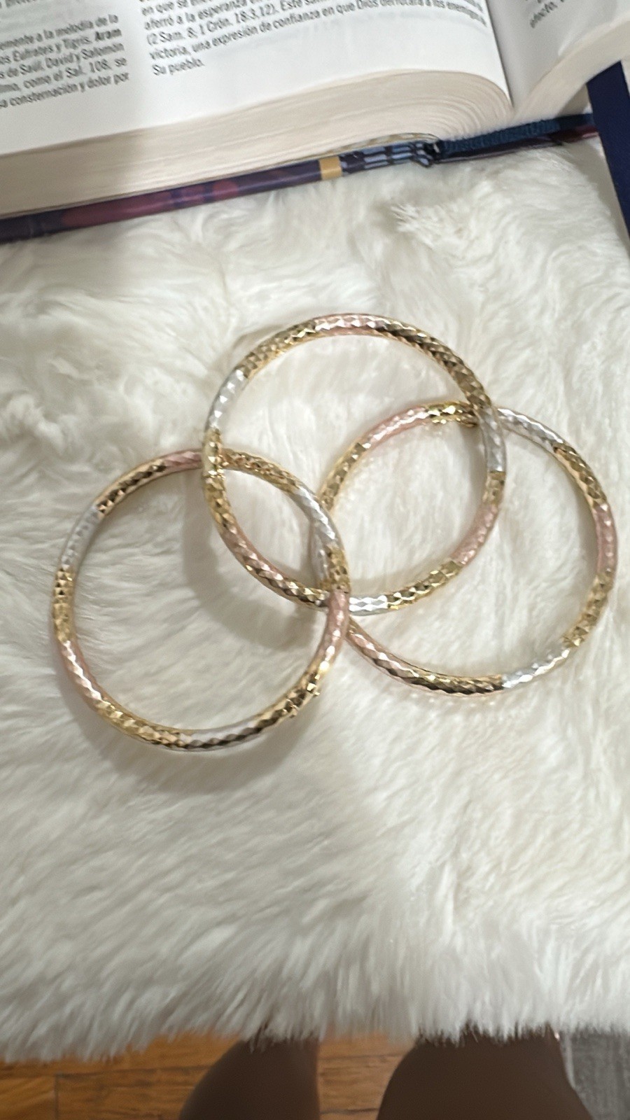 Set of 3 Tri-Color Textured Metal Bangle Bracelets Gold Silver Pink