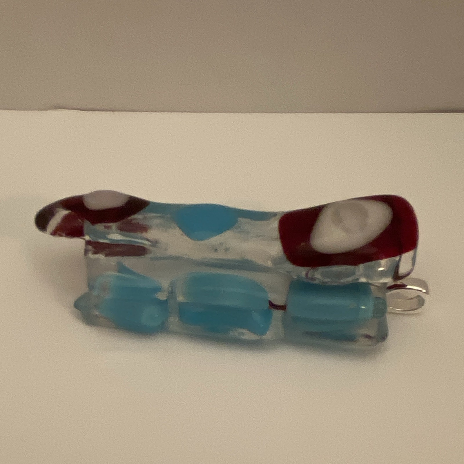 Silver Tone Bail Rectangle Glass Charm Pendant Blue Clear Red White Accents.