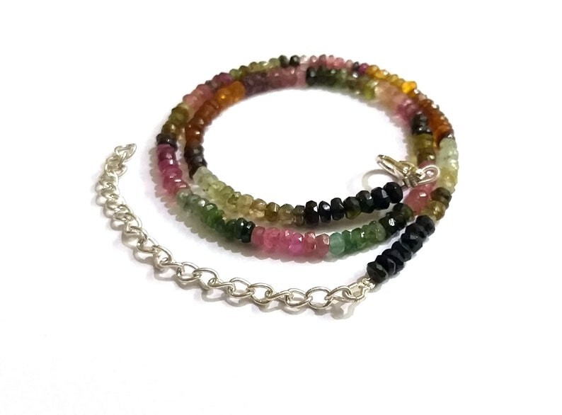A++ Natural 3-4MM Multi Tourmaline Faceted Round Gemstone Beaded Necklaces 18”