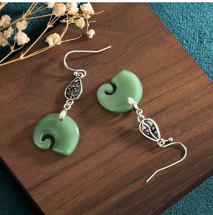 Jade Bohemian Drop Dangle Earrings Elephant Gemstone Boho 18K White Gold Plated