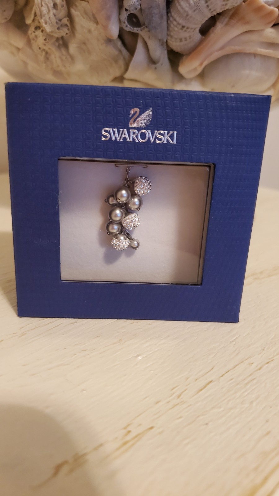 Authentic Swarovski Pave Crystal & Gray Pearl Cluster Pendant Necklace NIB $95