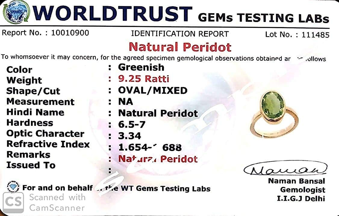 5.25 Ratti Certified Natural Peridot Gemstone 22k gold plated Panchdhatu Adju…