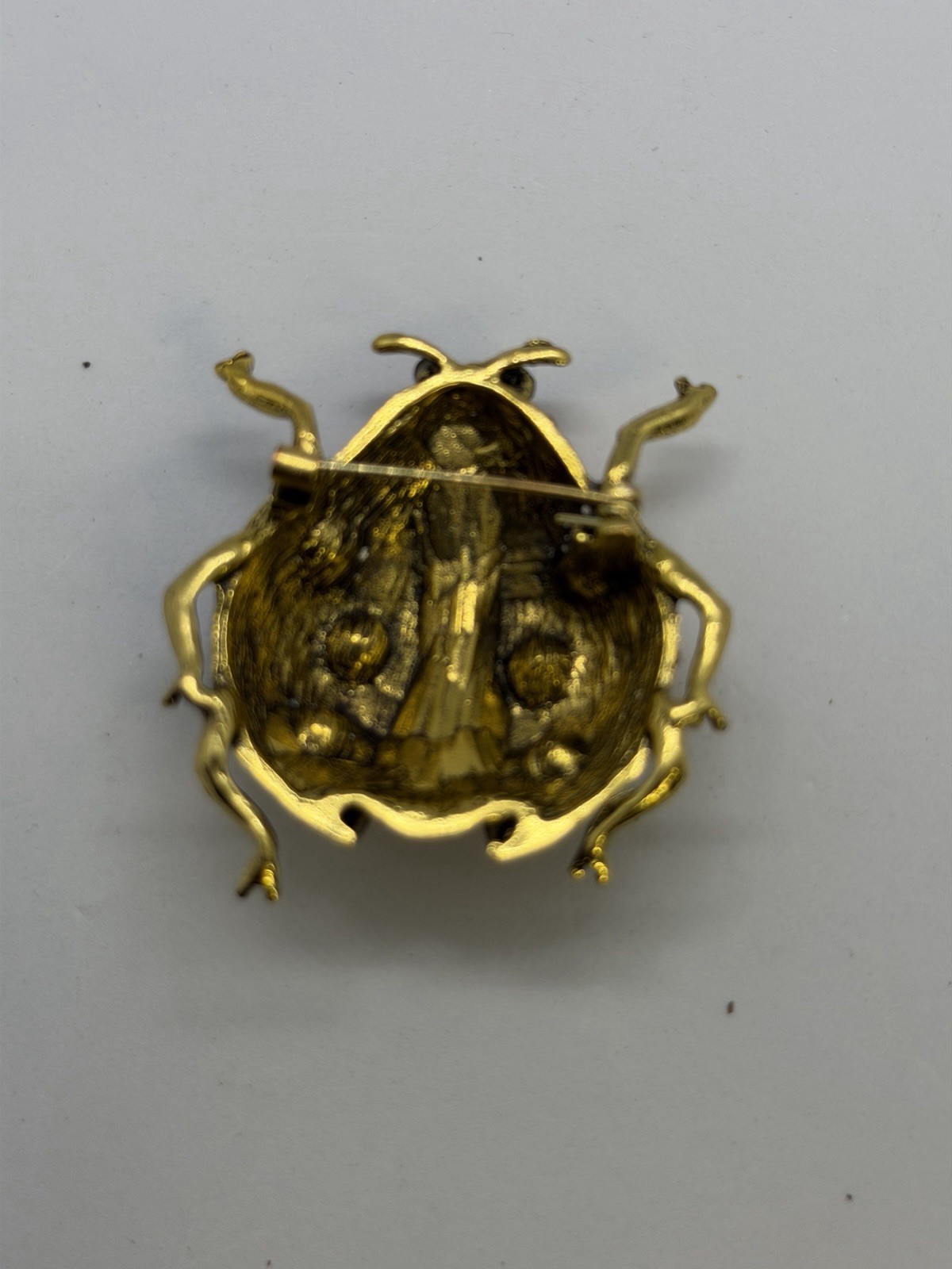 Gold Tone Ladybug Brooch Pin Red Black Round Rhinestones 2 in