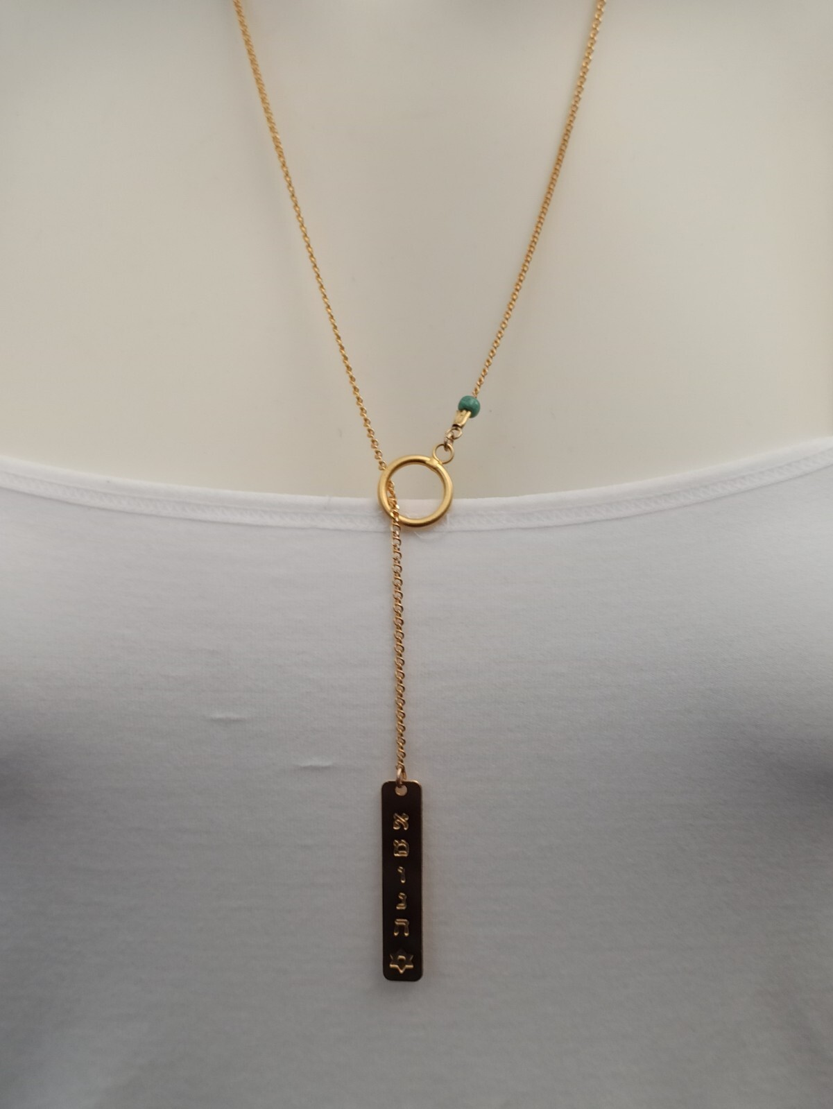 Faith Necklace Hebrew Letters Gold Tone Y-Drop Tie Modernist Brushed Turquoise