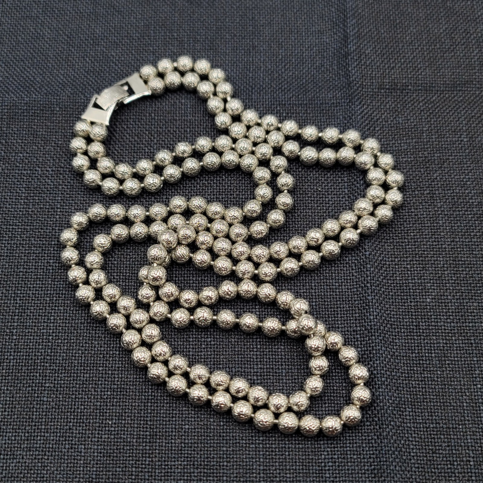 Vintage Heavy Double Stand Textured Bead Necklace Silver tone Long 24″
