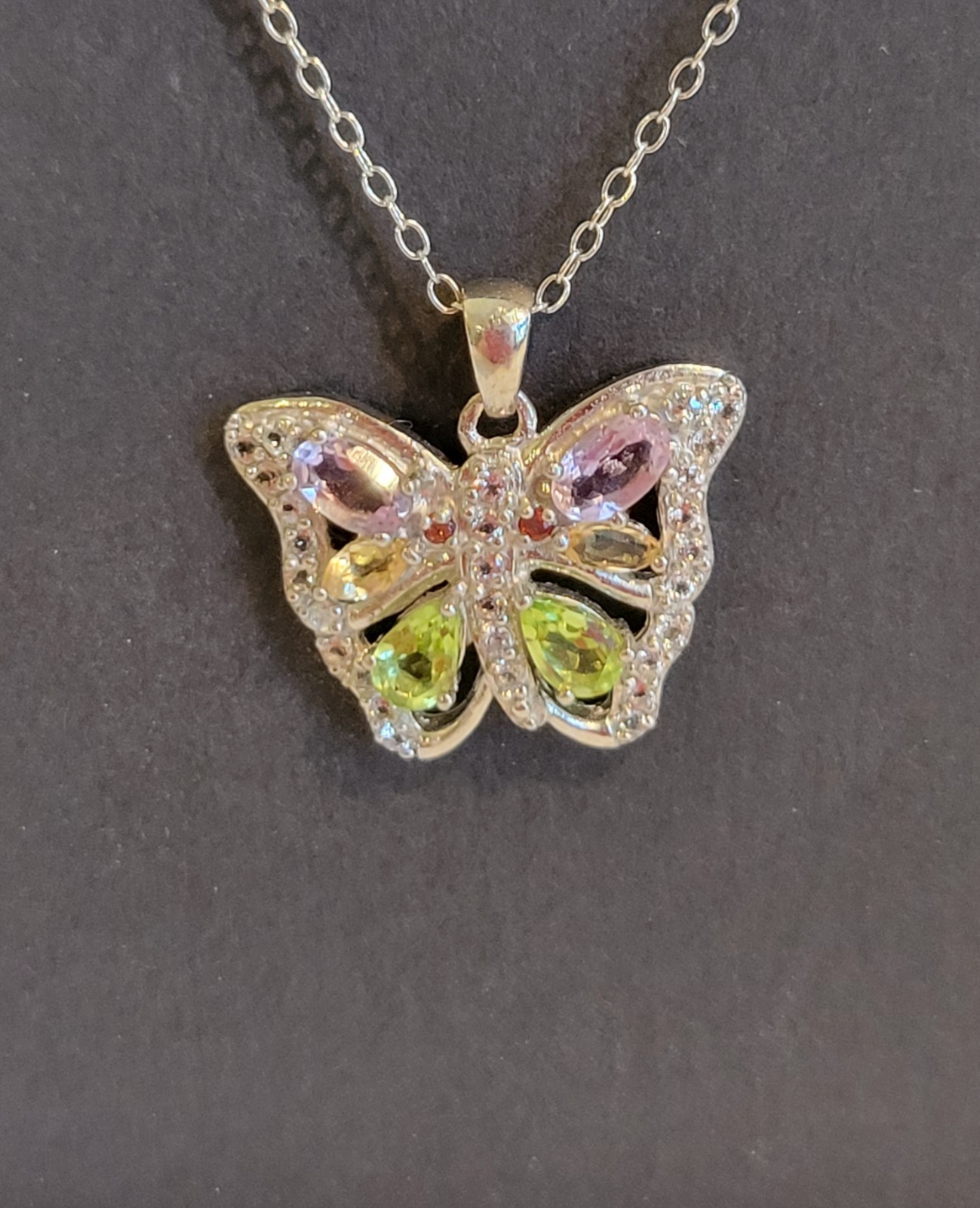 EUC Butterfly Pendant Necklace 925 S.Silver Cable Chain Multicolor Crystal Stone