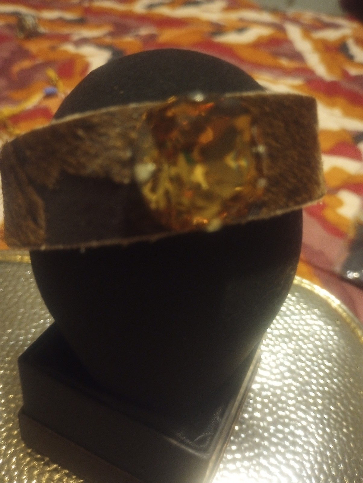 Western Leather Cuff Bracelet Adjustable Tie Cord with Round Brown Stone, Prong