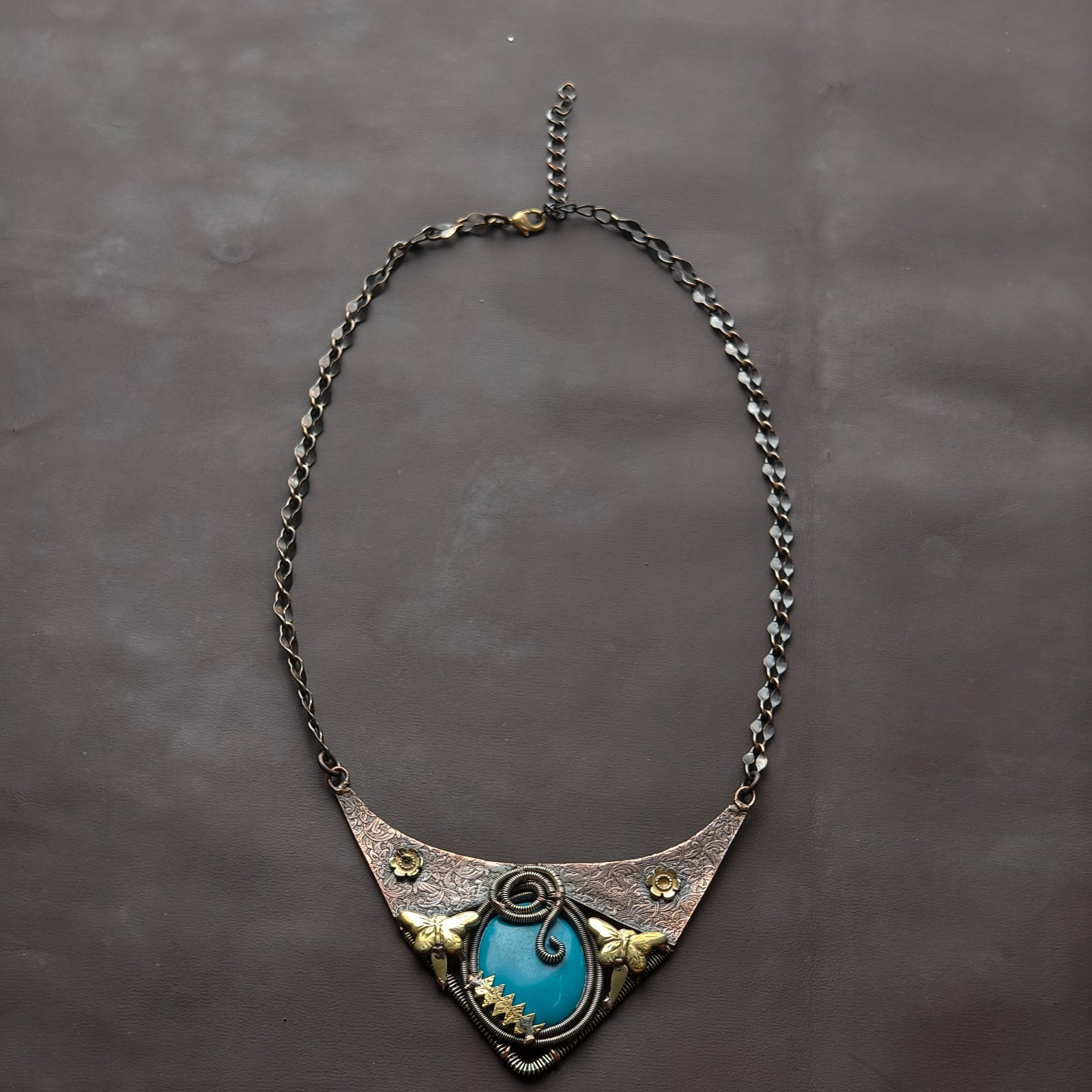 Handmade Turquoise Statement Necklace, Dragonfly Brass Collar Necklace Jewellery