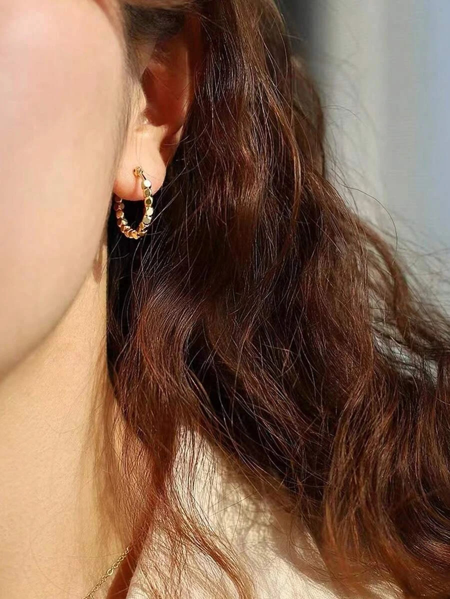 1 pair Minimalist Copper Hoop Earrings Bead Design Women Daily Jewelry