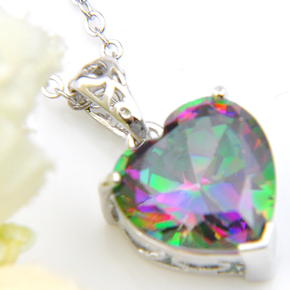 New Rainbow Fire Mystic Topaz Lovely Heart Shape Gmestone Women Silver Necklace