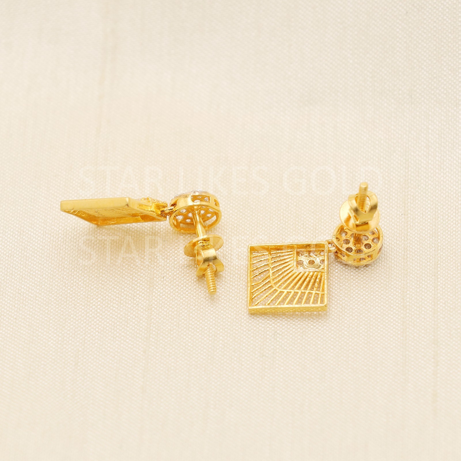 Solid 22k Yellow Gold CZ Geometric Fan Drop Earrings Two-Tone Jali Dangle