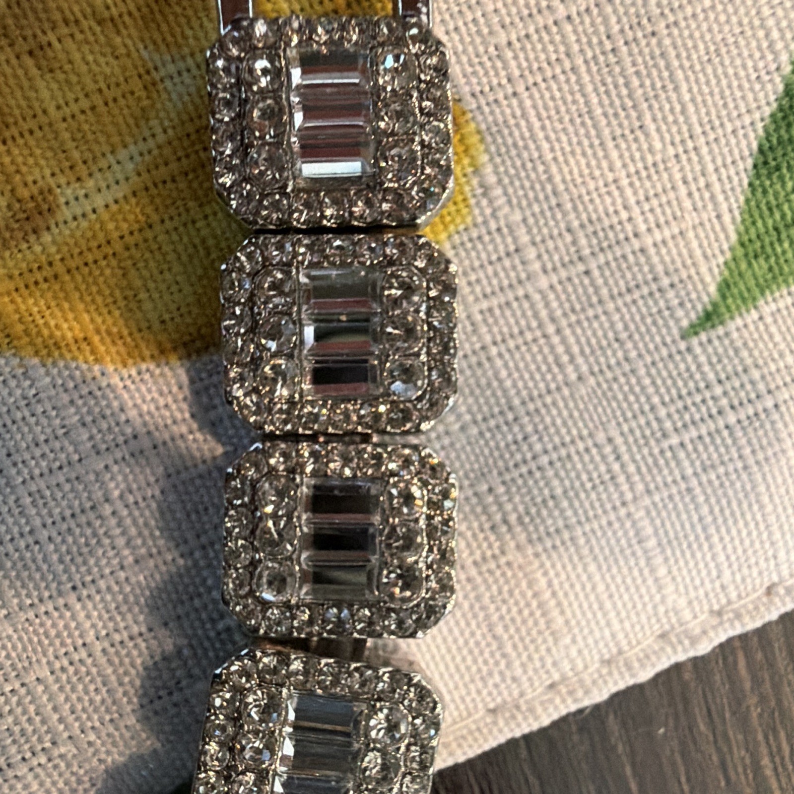 Silver Tone Baguette Rhinestone Link Tennis Bracelet Rectangle Box Closure