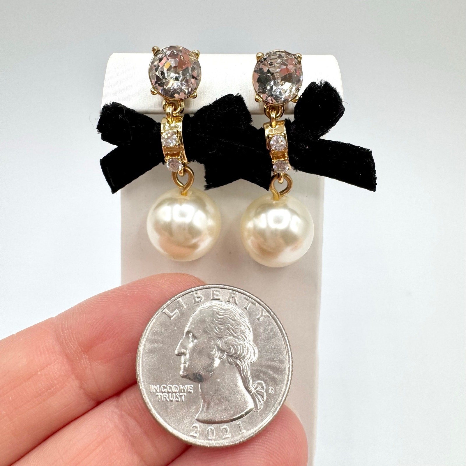 J.Crew Black Velvet Bow Faux Pearl Rhinestone Drop Earrings Black Tie Fancy Gala