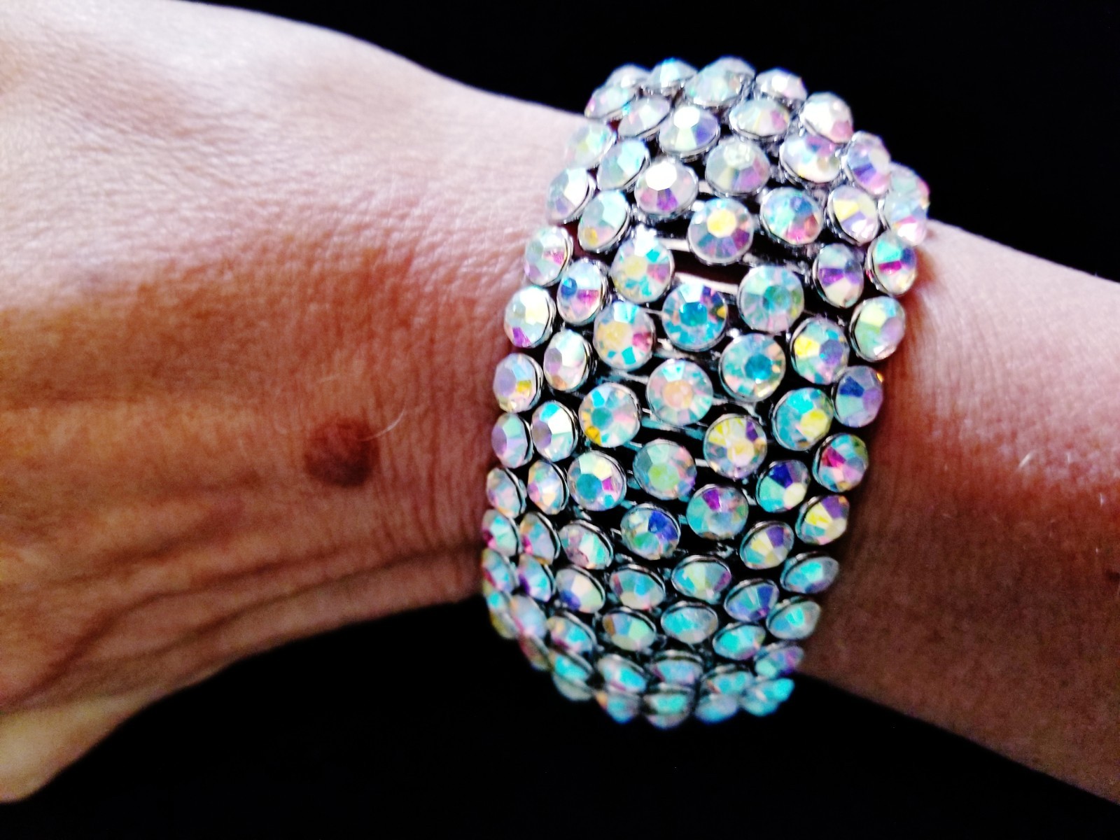 Iridescent Silver Rhinestone Stretch Bracelet Crystal Pageant Prom Drag Jewelry