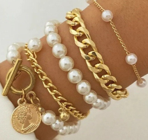 Zara 18K gold plated 5 piece & T Bar pearl heart toggle bracelet sale size 21 cm