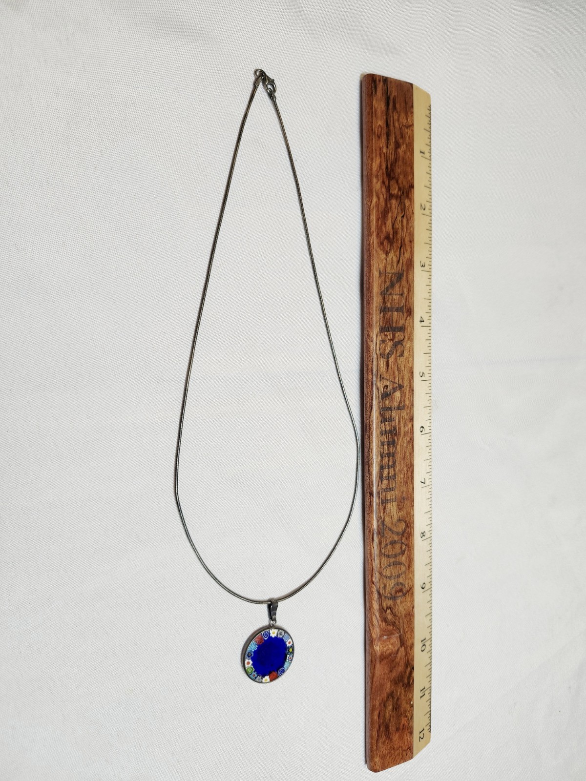 925 Sterling Silver Encased Millefiori Glass Pendant Necklace w/ Silver Emblem