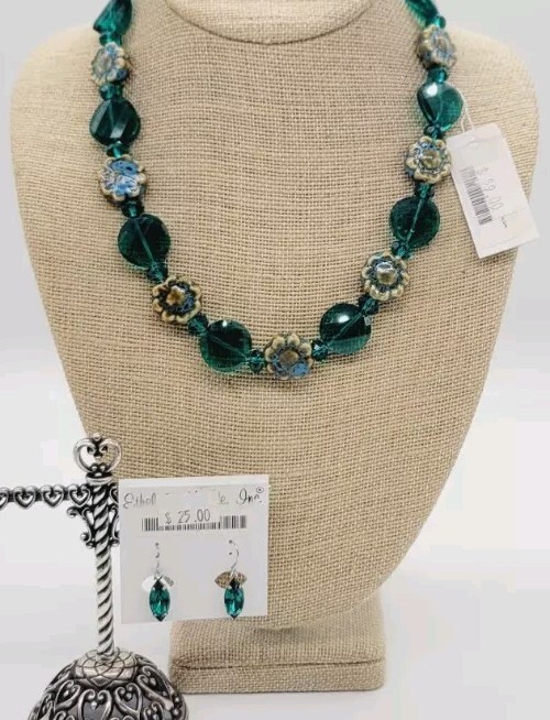 Teal Green Floral Necklace & Earring Flower Set 2 PC Gun Metal Black