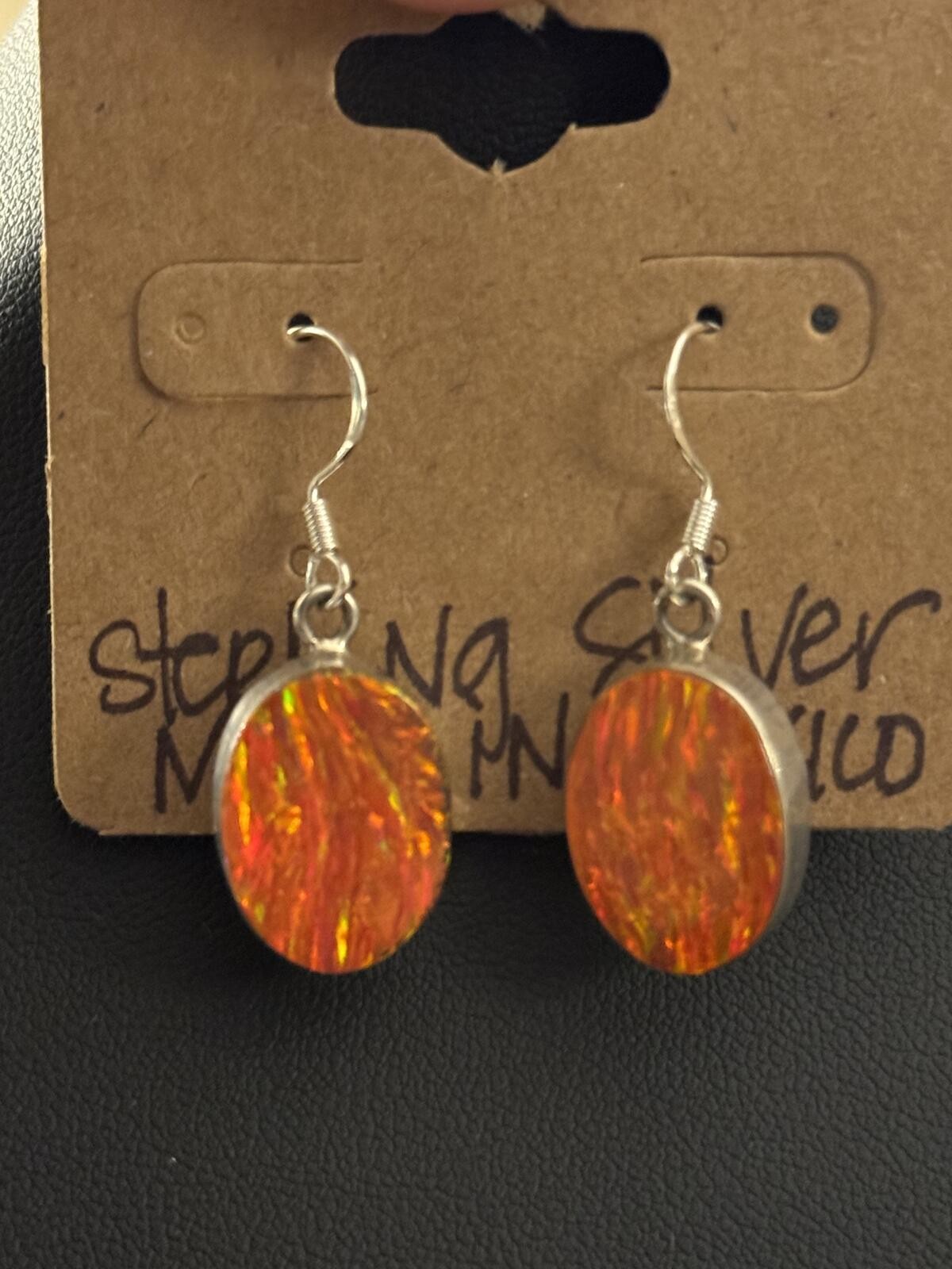 Vintage Mexico 925 Sterling Silver Orange Fire Aurora Opal Oval Dangle Earrings