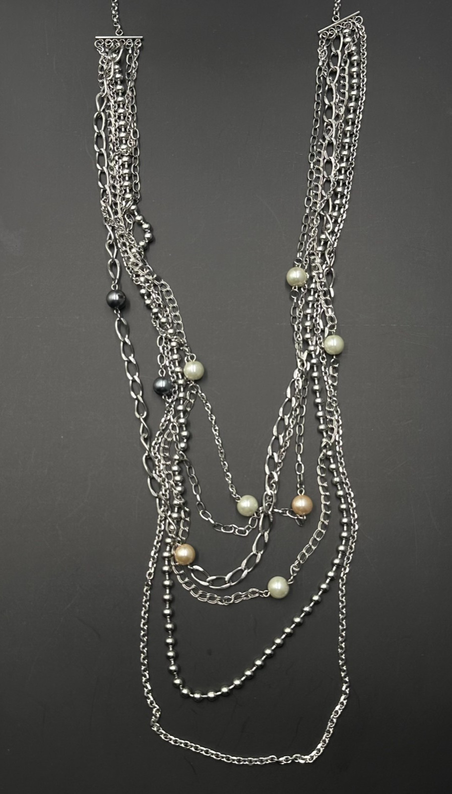Long Layered Necklace Silver Tone Multi Chain Faux Pearl Beaded Stations 44″