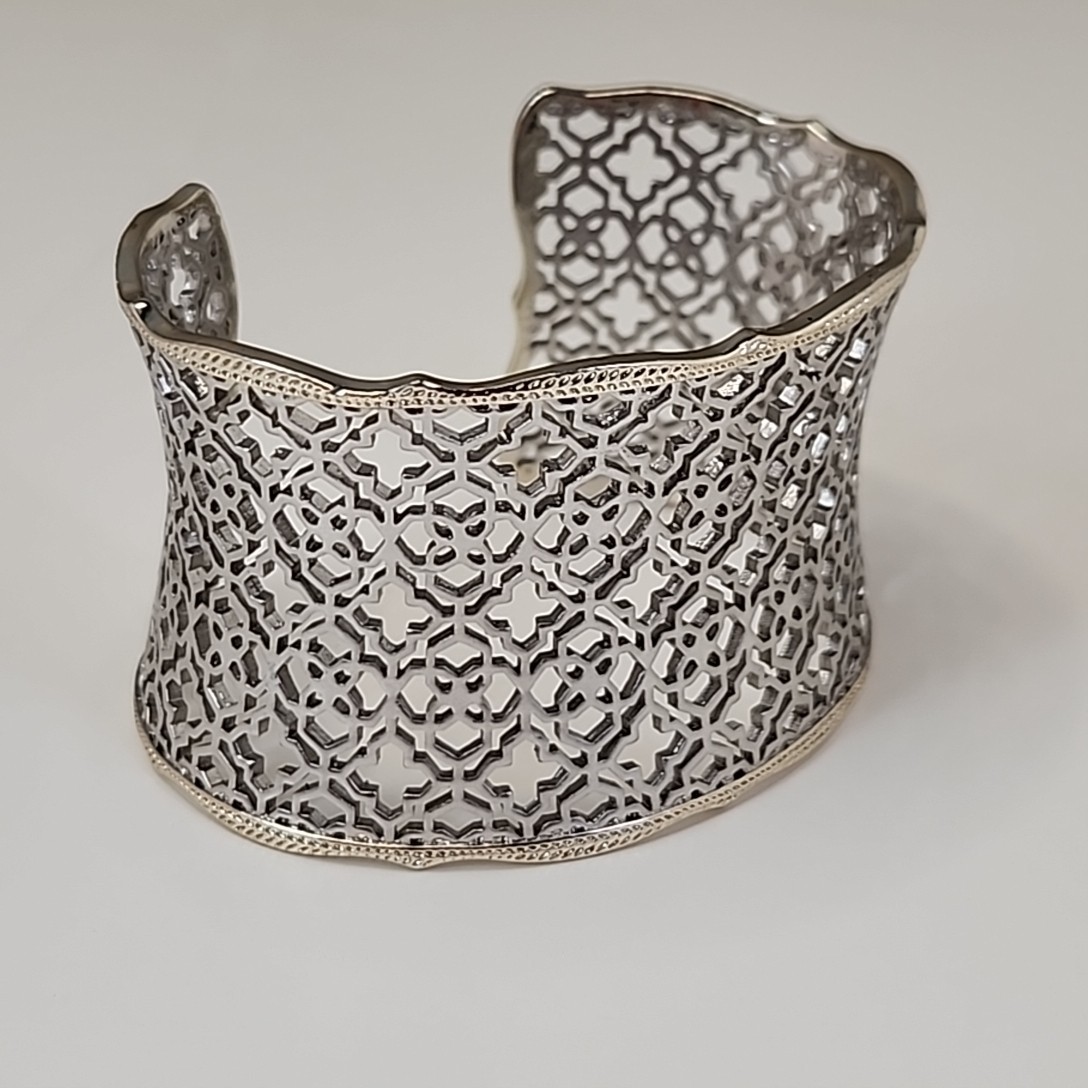 Wide Cuff Bracelet Satin Silver Tone 4cm Clover Openwork 6.5″