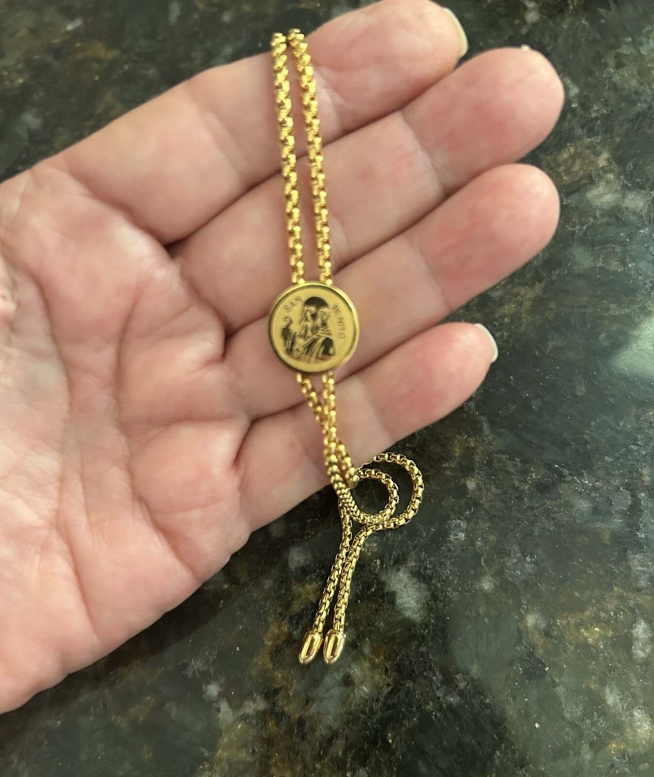 St Benedict medal golden adjustable glide tie style necklace-collar San Benito
