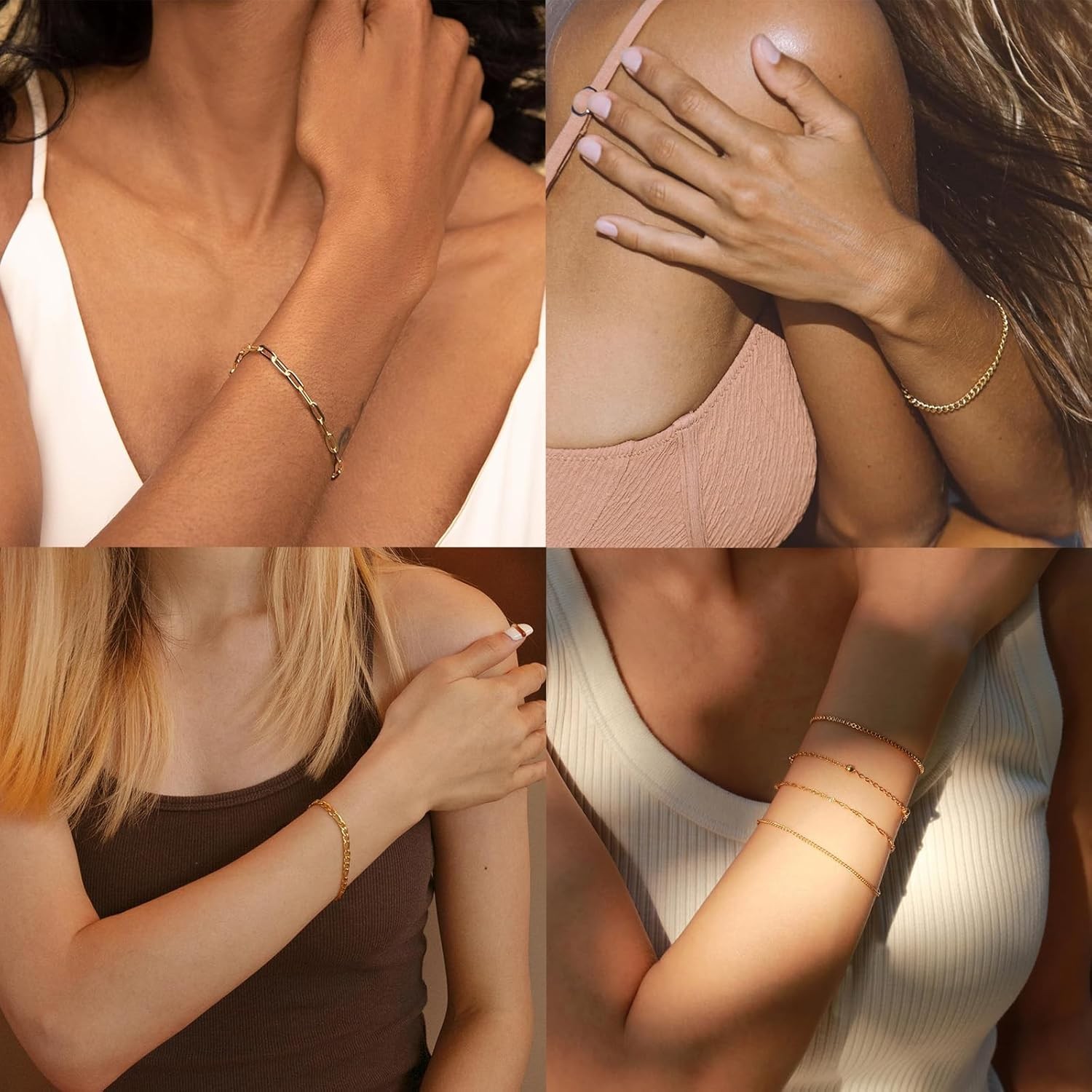 14K Gold Plated Multi Layer Link Chain Bracelet Set Non Tarnish Women Gift