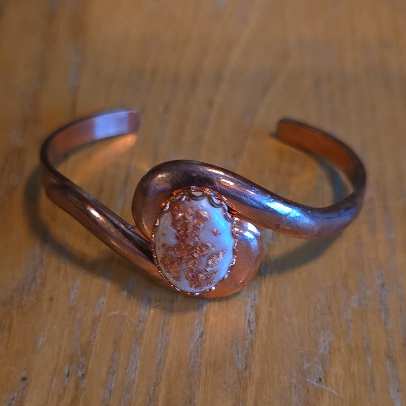 Copper Open-Ended Cuff Bracelet Oval White Brown Cabochon Bezel Set Stone