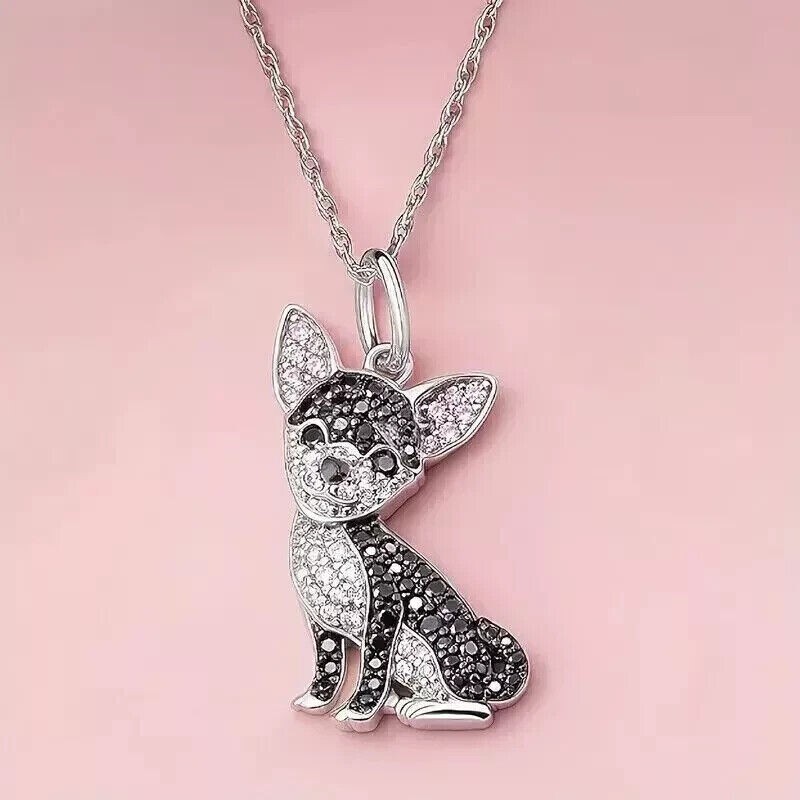 Cute Puppy Fancy Pendant Round Cut Simulated Black Diamond 14K White Gold Plated