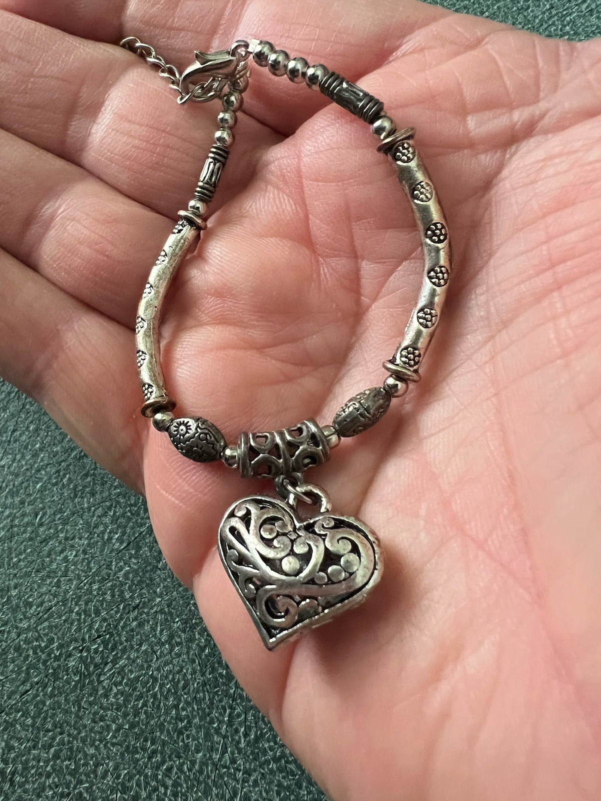 Silver Tone Filigree Heart Anklet Adjustable Boho Beaded Anklet Costume Jewelry