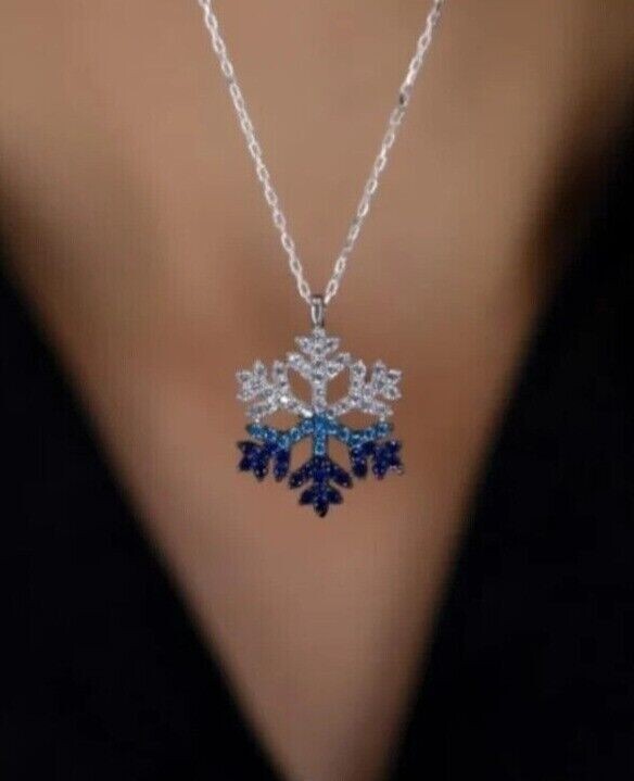 Round Cut Simulated Sapphire Snowflake Women’s Pendant In 14K White Gold Plated