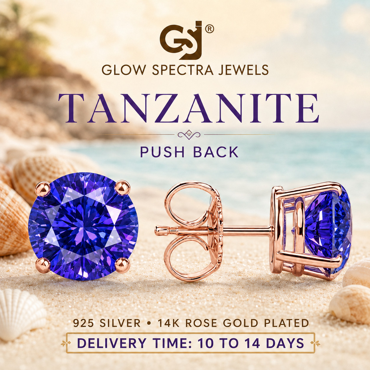 2.00CT Solitaire Tanzanite Stud Erring 925 Silver 14k Rose Gold Plated
