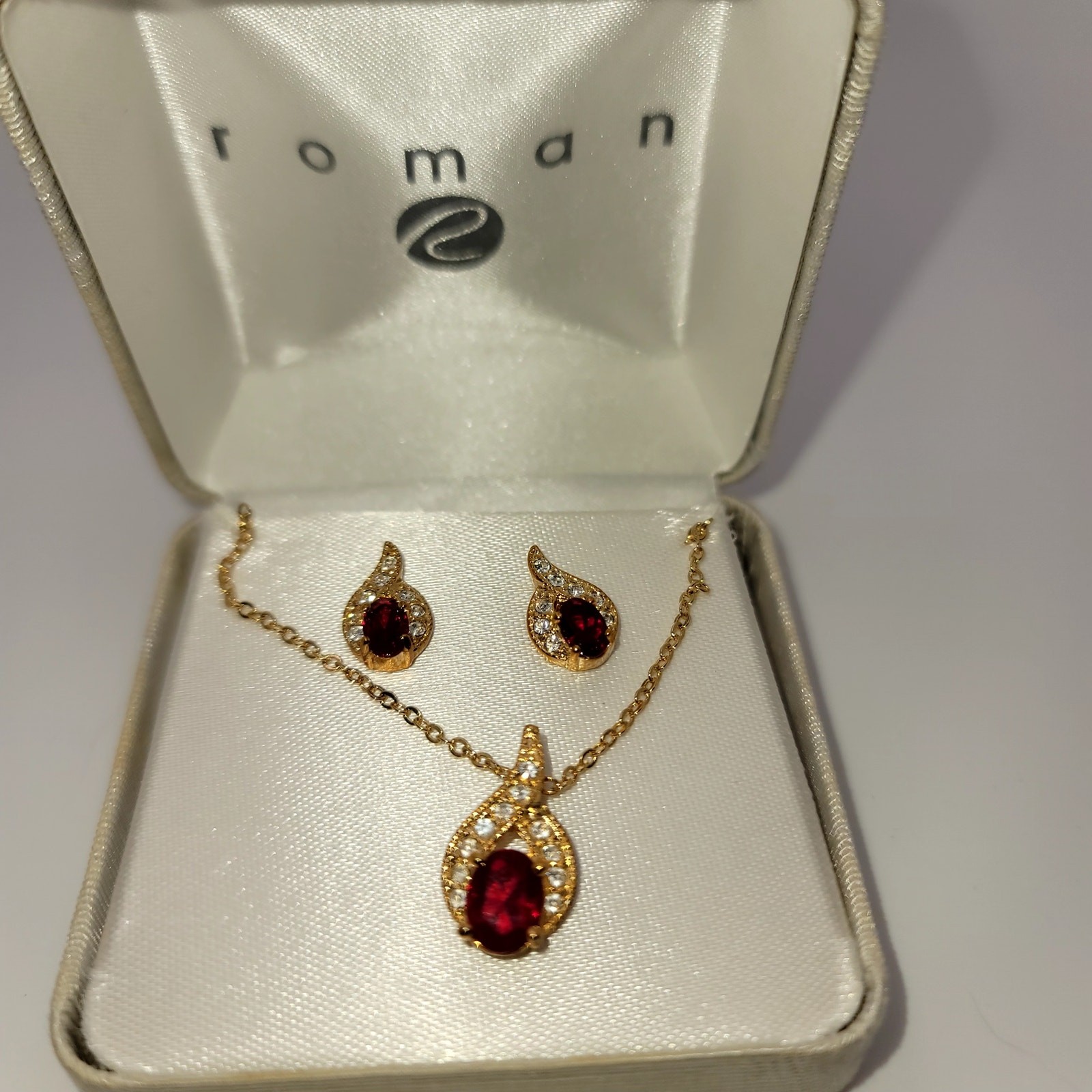 Vintage Roman Jewelry Set Simulated Ruby and Diamond Tear Drop Earrings Pendant