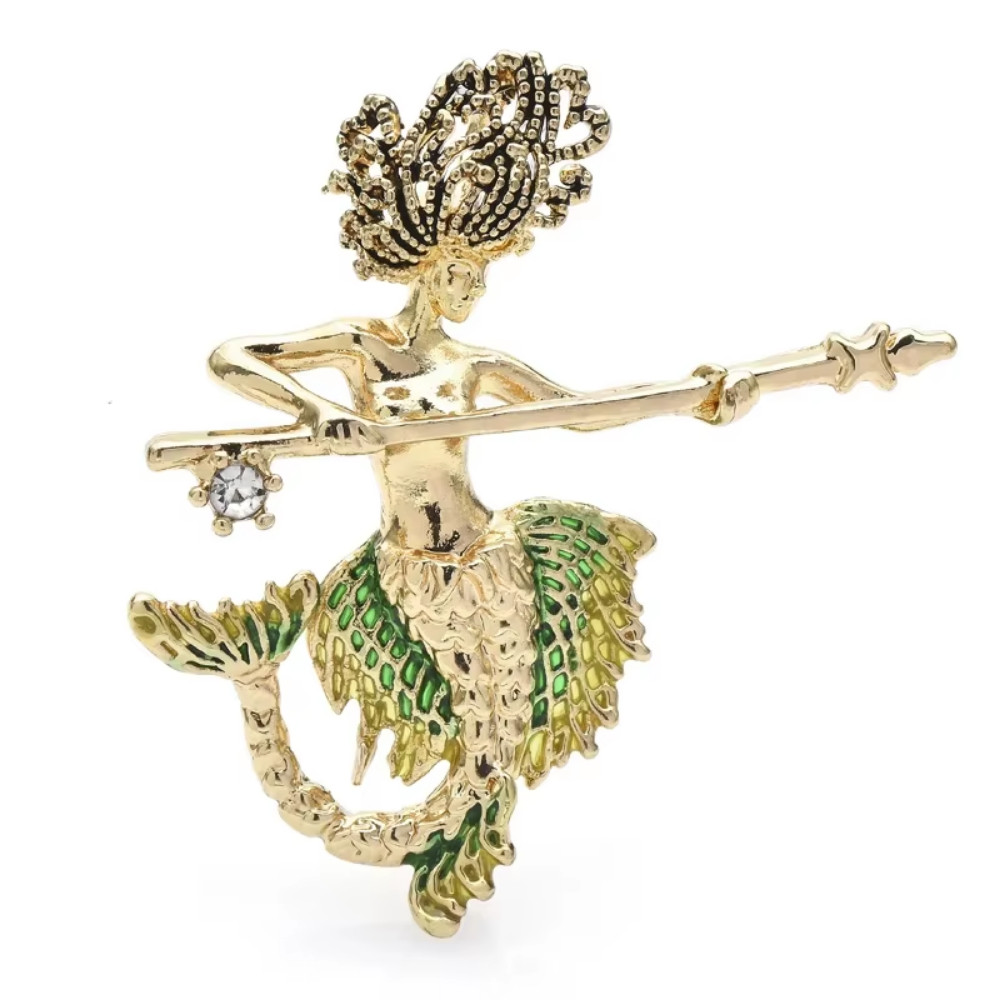 Vintage Style Mermaid Brooch Rhinestone Gold Pin Sea Siren Ocean Summer Jewelry