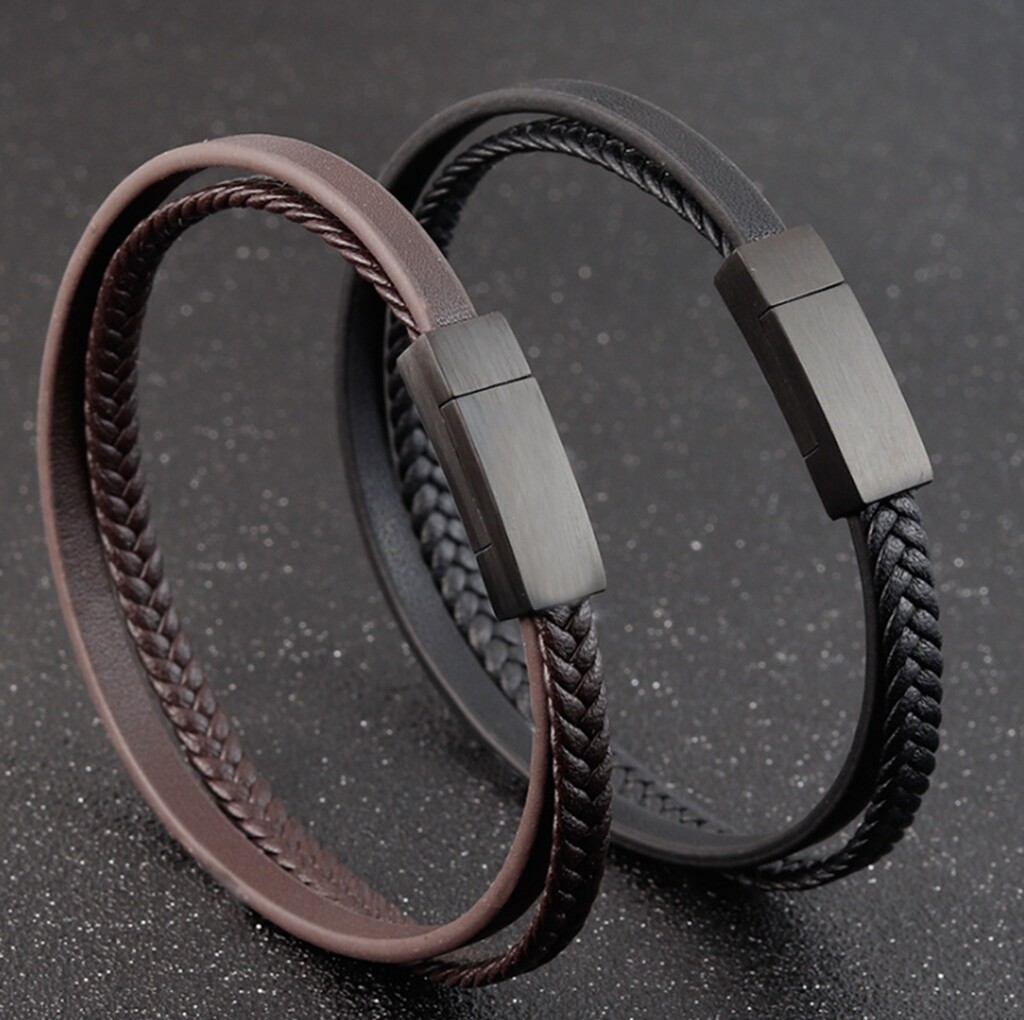 Men’s Women Black Braided 2 Bands Genuine Leather Bracelet Magnetic Bangle 8.2″