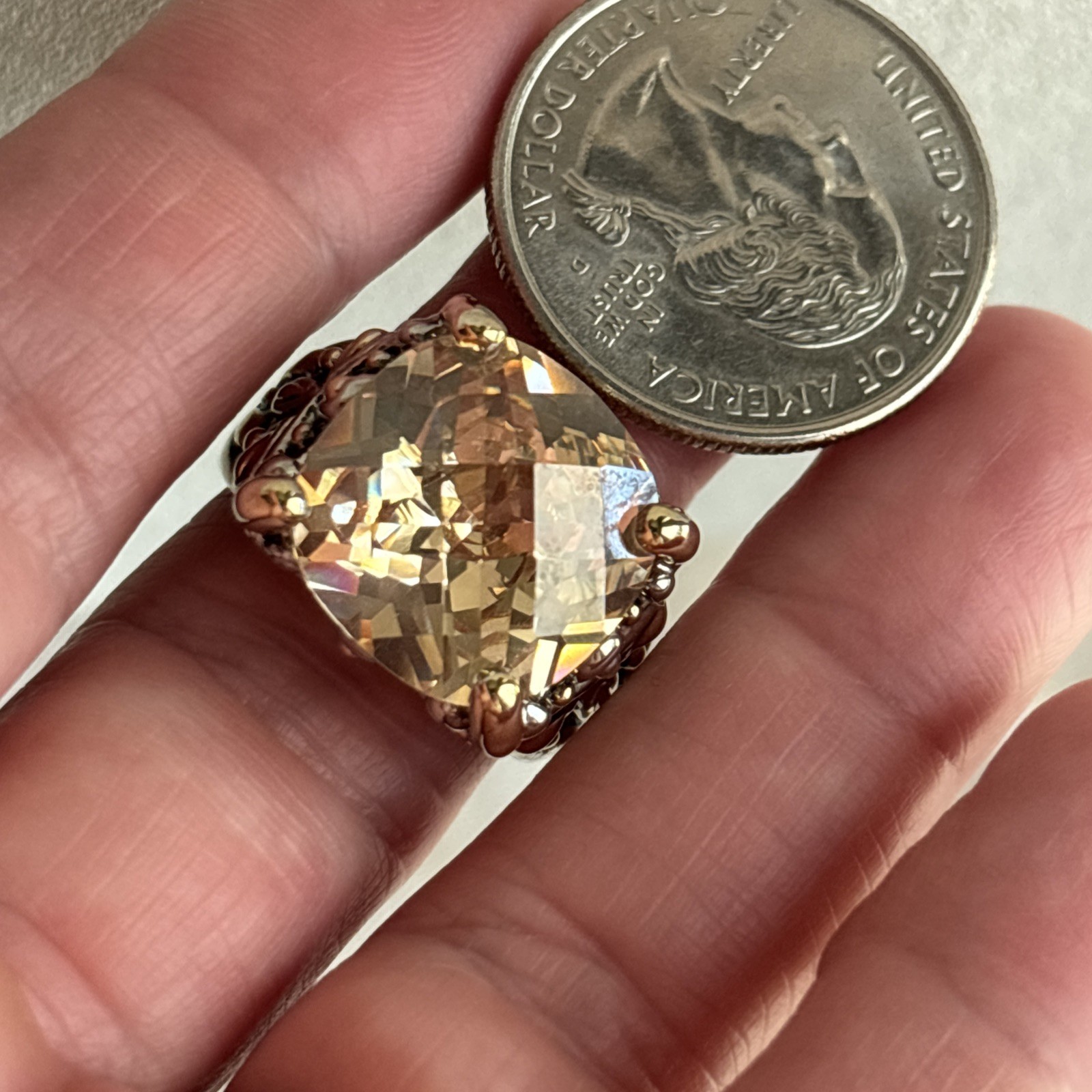 Inspirational Champagne Cushion Cut CZ Crystal Silver Gold Balinese Ring Size 7