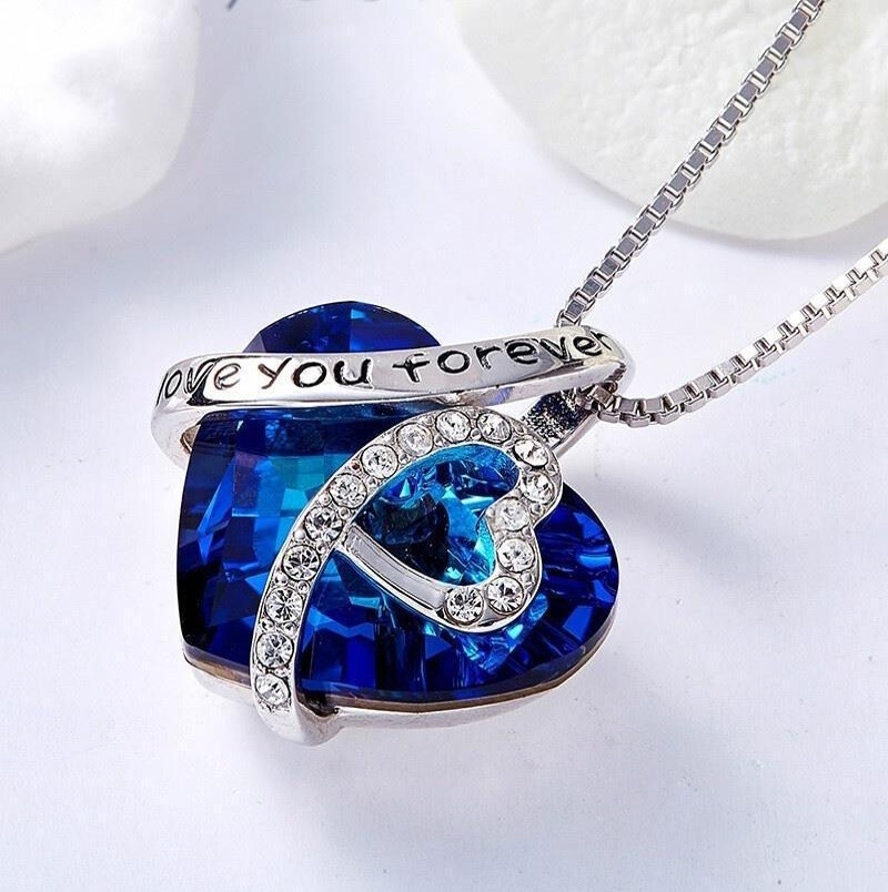 I Love You Forever Crystal Birthstone Heart Pendant Necklace For Women And Girls