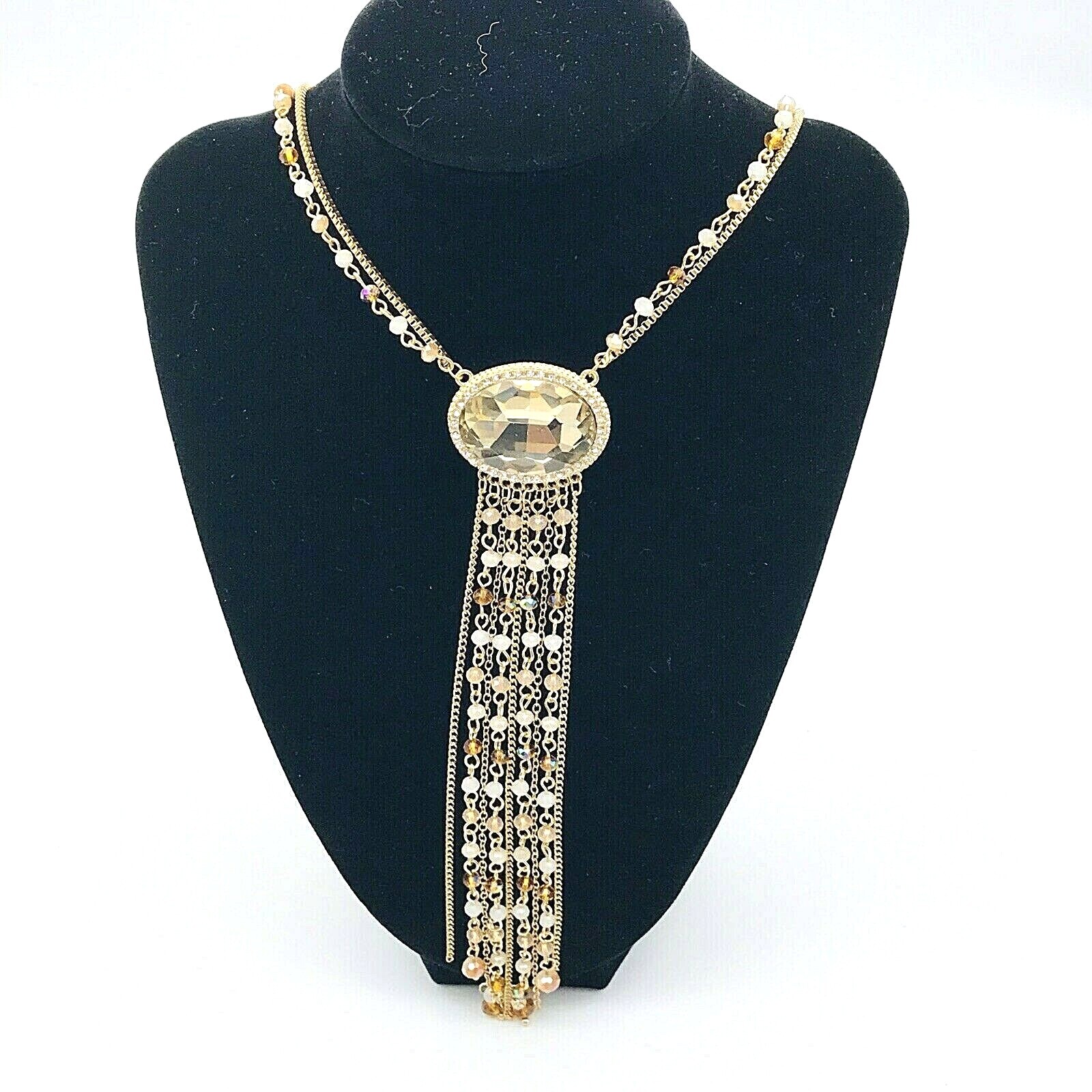 Natasha Fringe Long Necklace Amber Double Strand Color Goldtone Faceted Bead