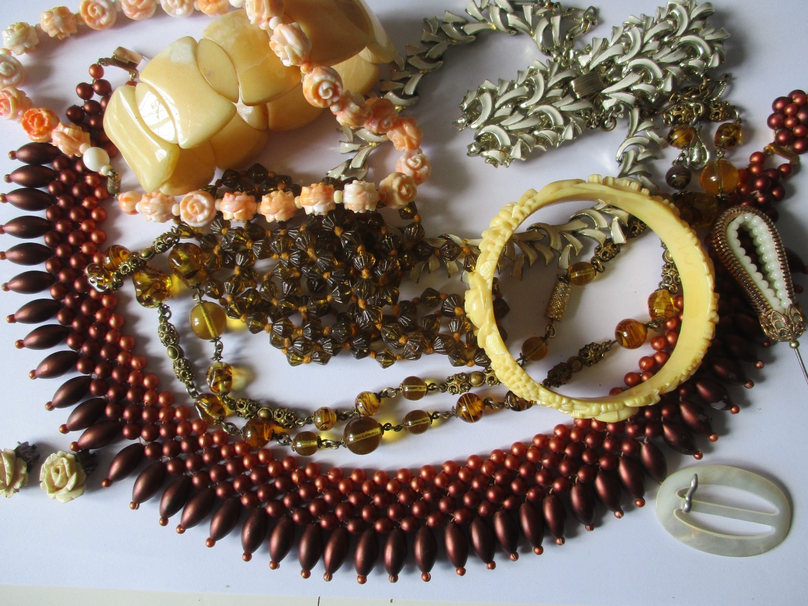 Vintage costume jewellery circa mid-20th century necklaces bracelets hatpin
