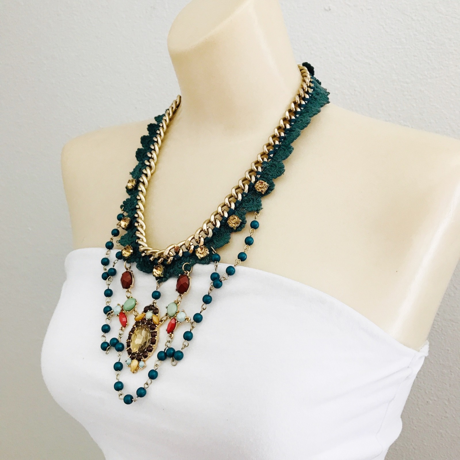 Statement Bib Necklace Gold Chain Green Lace Teal Coral Crystal Bead Drop Fairy