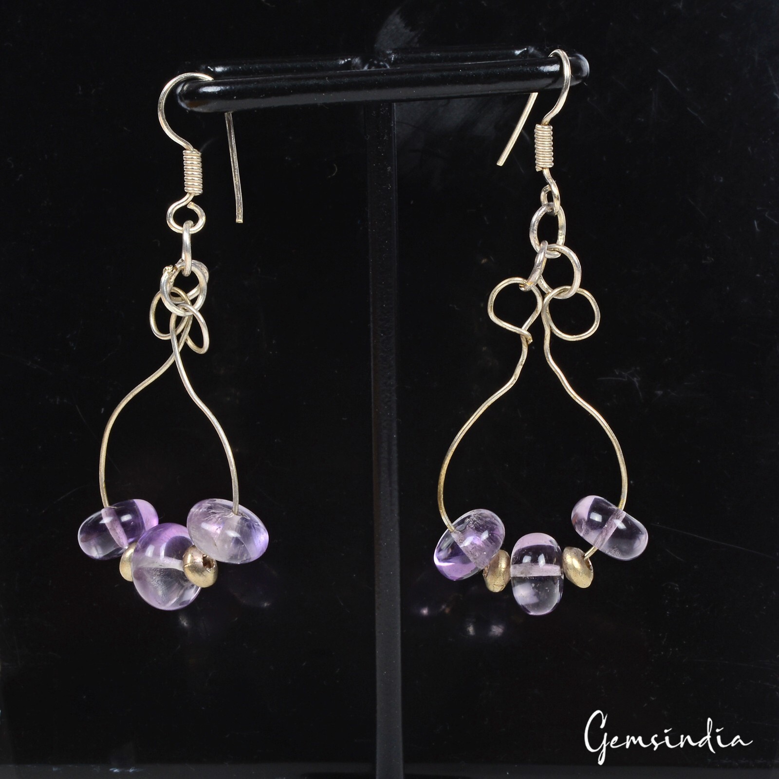 112 Cts Natural Purple Amethyst Round Cab Bead Gem Designer Long Earrings 2.5 In